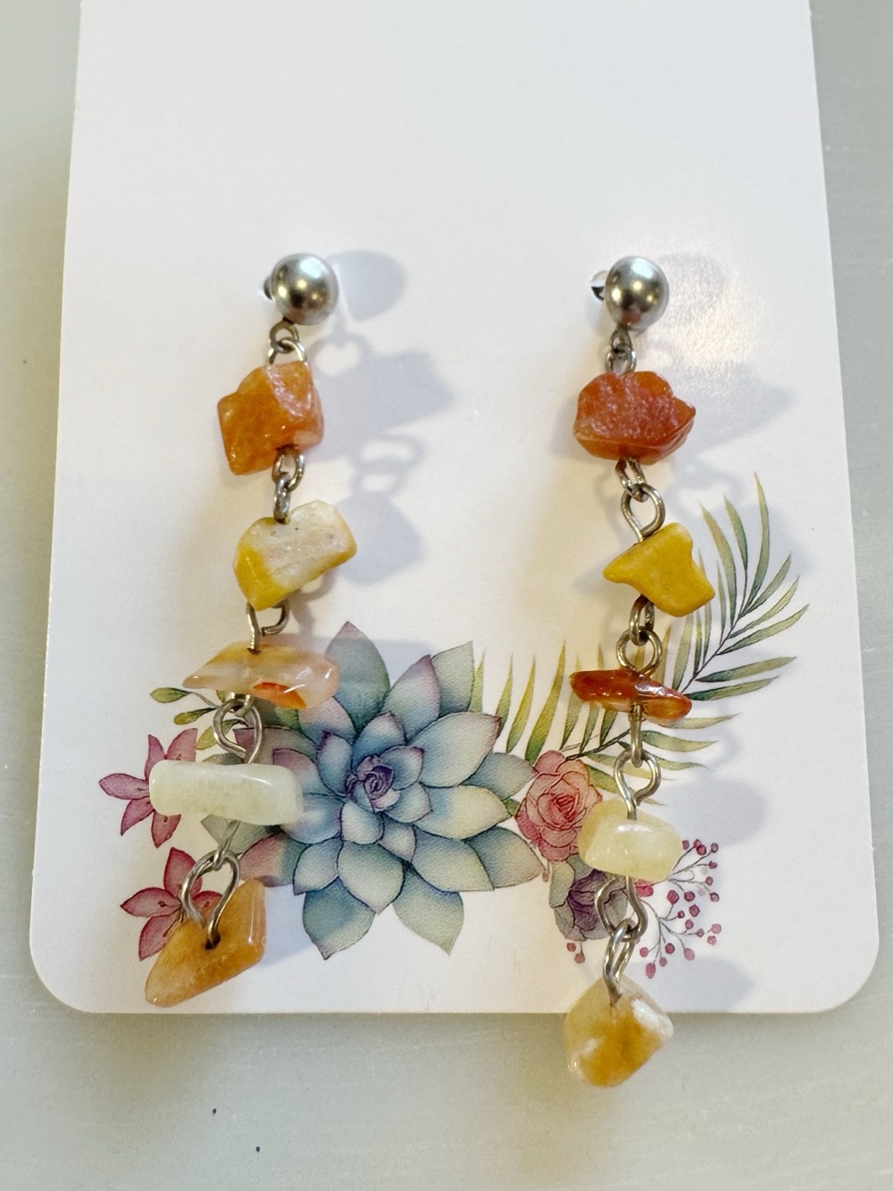 Gemstone Chip Drop Dangle Earrings - Warm Agate Tones, Carnelian